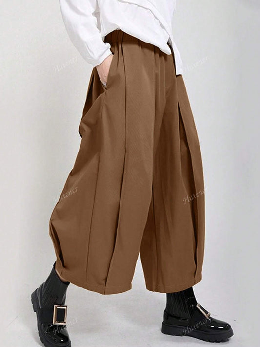 Casual Wine Red Wide Leg Pants With Elastic Waist And Pockets