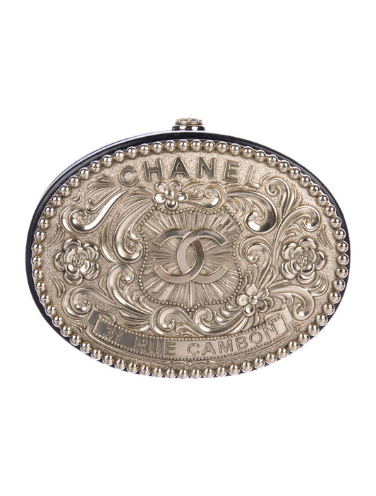 Dallas Black Leather & Pony-hair Belt Buckle Minaudière Palladium Hardware
