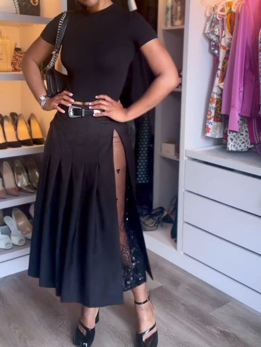 Black Pleated Midi Skirt