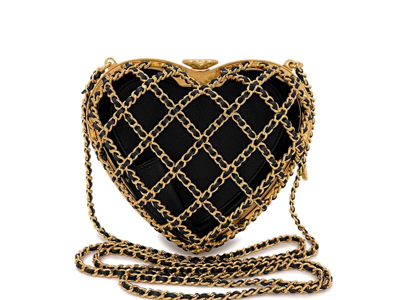 Black Quilted Lambski Caged Heart Minaudière