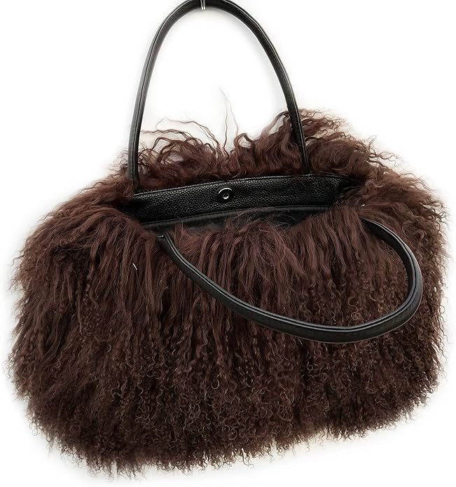 Women Luxury Real Lamb Mongolian Flush Wool Fur With Genuine Leather Handles Handbag
