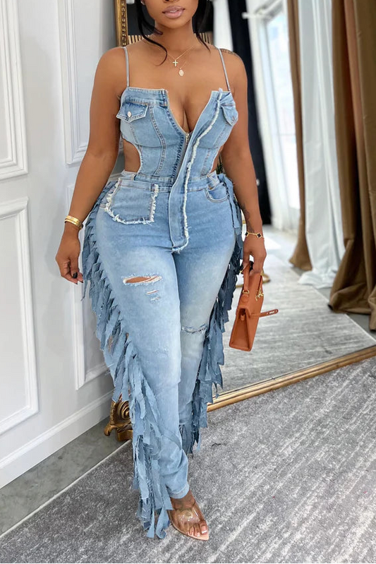 Fringed Denim Jumpsuit