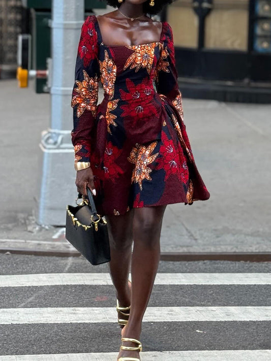 Square Collar Printed Mini Dress