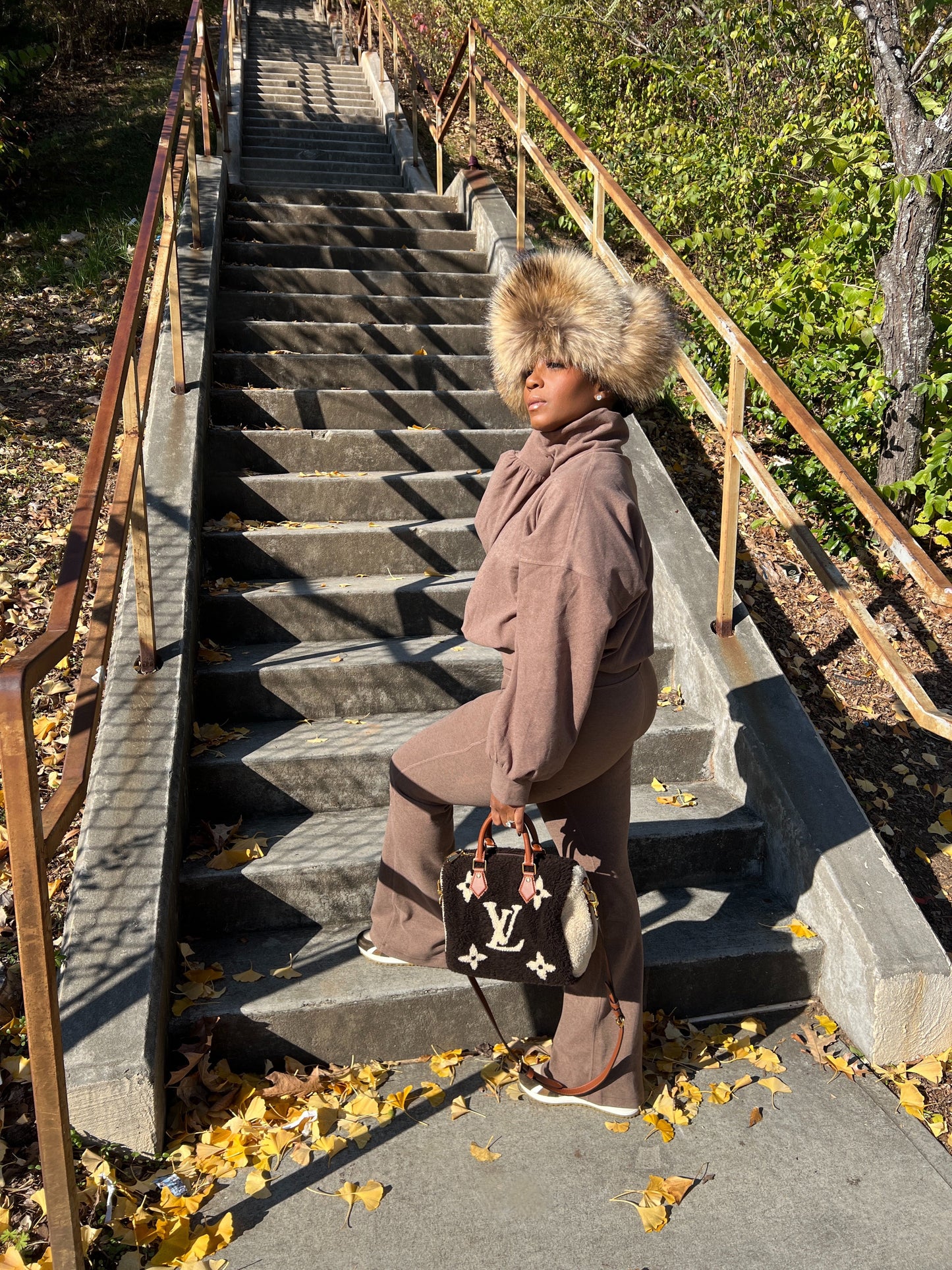 Brown Genuine Leather & Fox Fur Trapper Hat