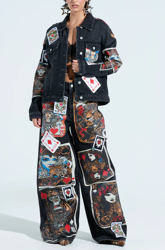 QUEEN OF HEARTS PRINTED AND EMBELLISHED DENIM PANTS