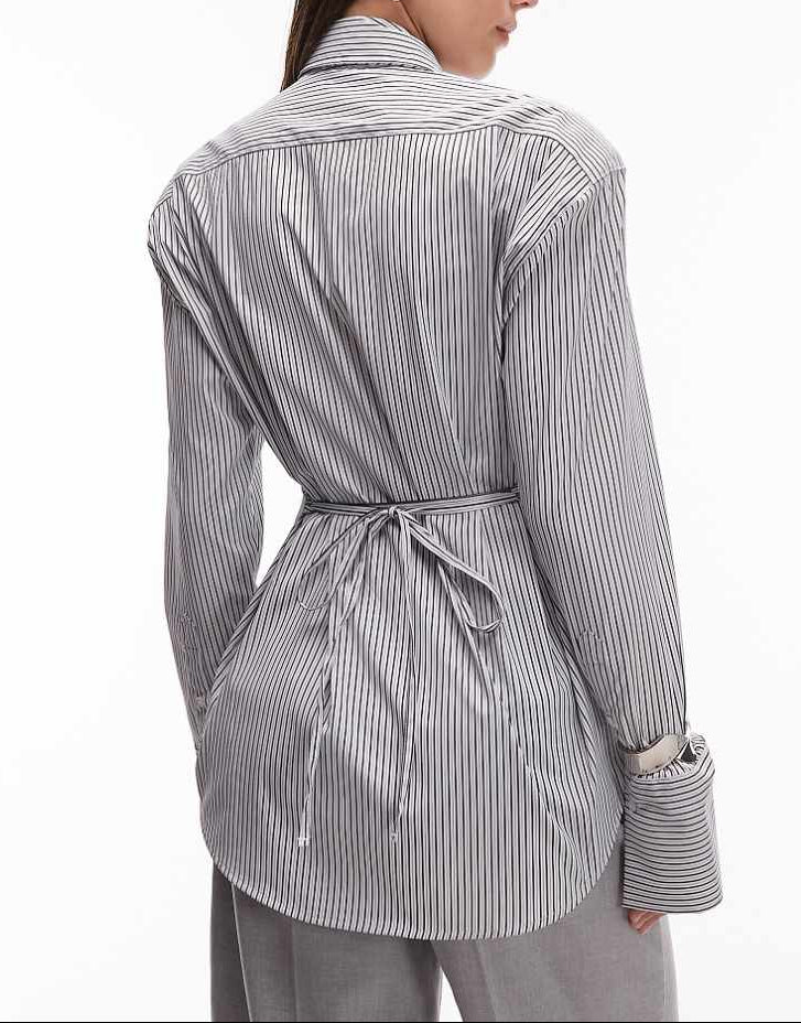 DESIGN Cinched Shoulder Pads Shirt With Tie In Black Pinstripe