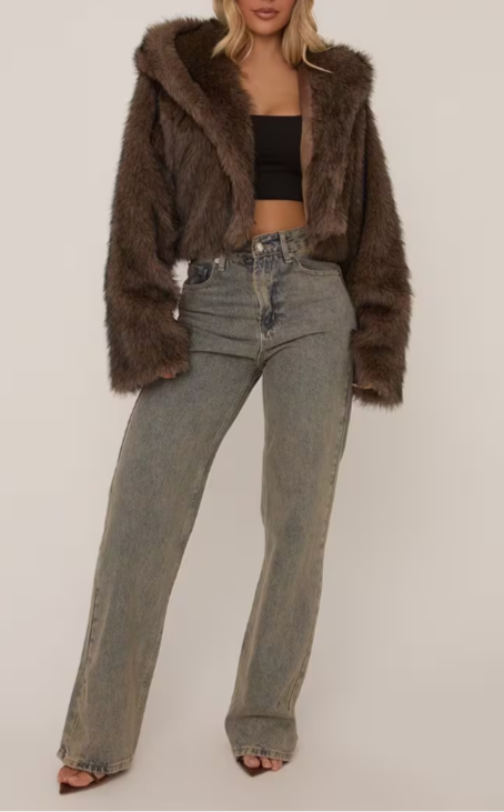 Hooded Cropped Jacket In Chocolate Brown Faux Fur