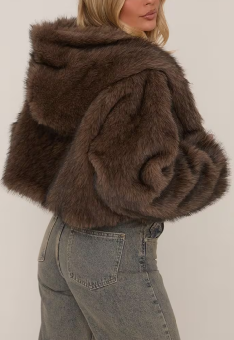 Hooded Cropped Jacket In Chocolate Brown Faux Fur