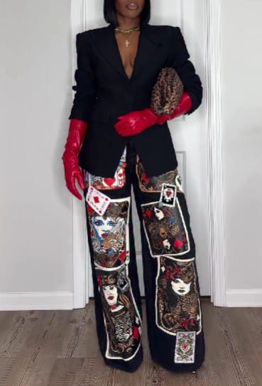 QUEEN OF HEARTS PRINTED AND EMBELLISHED DENIM PANTS