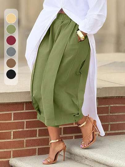 Casual Wine Red Wide Leg Pants With Elastic Waist And Pockets