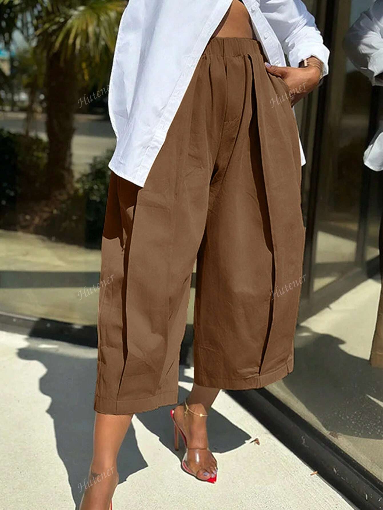 Casual Wine Red Wide Leg Pants With Elastic Waist And Pockets