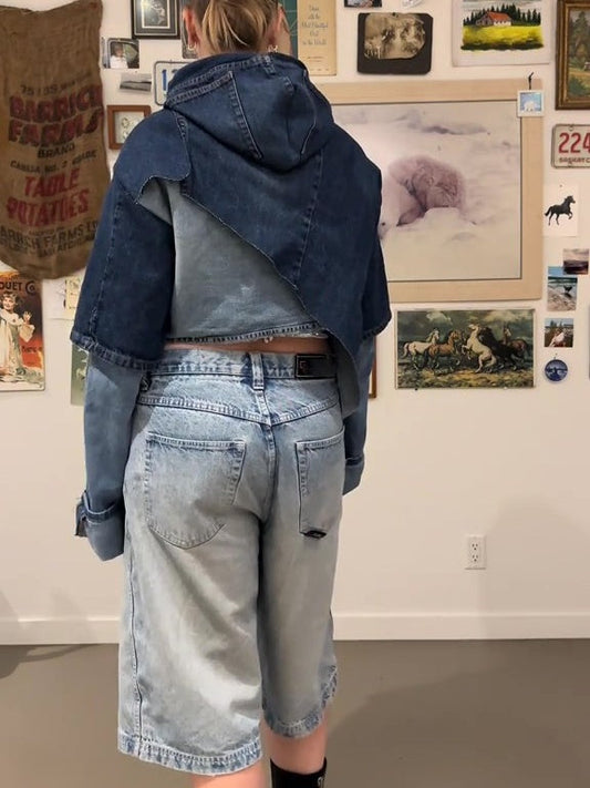 Patch Sleeves Denim Hooded Top