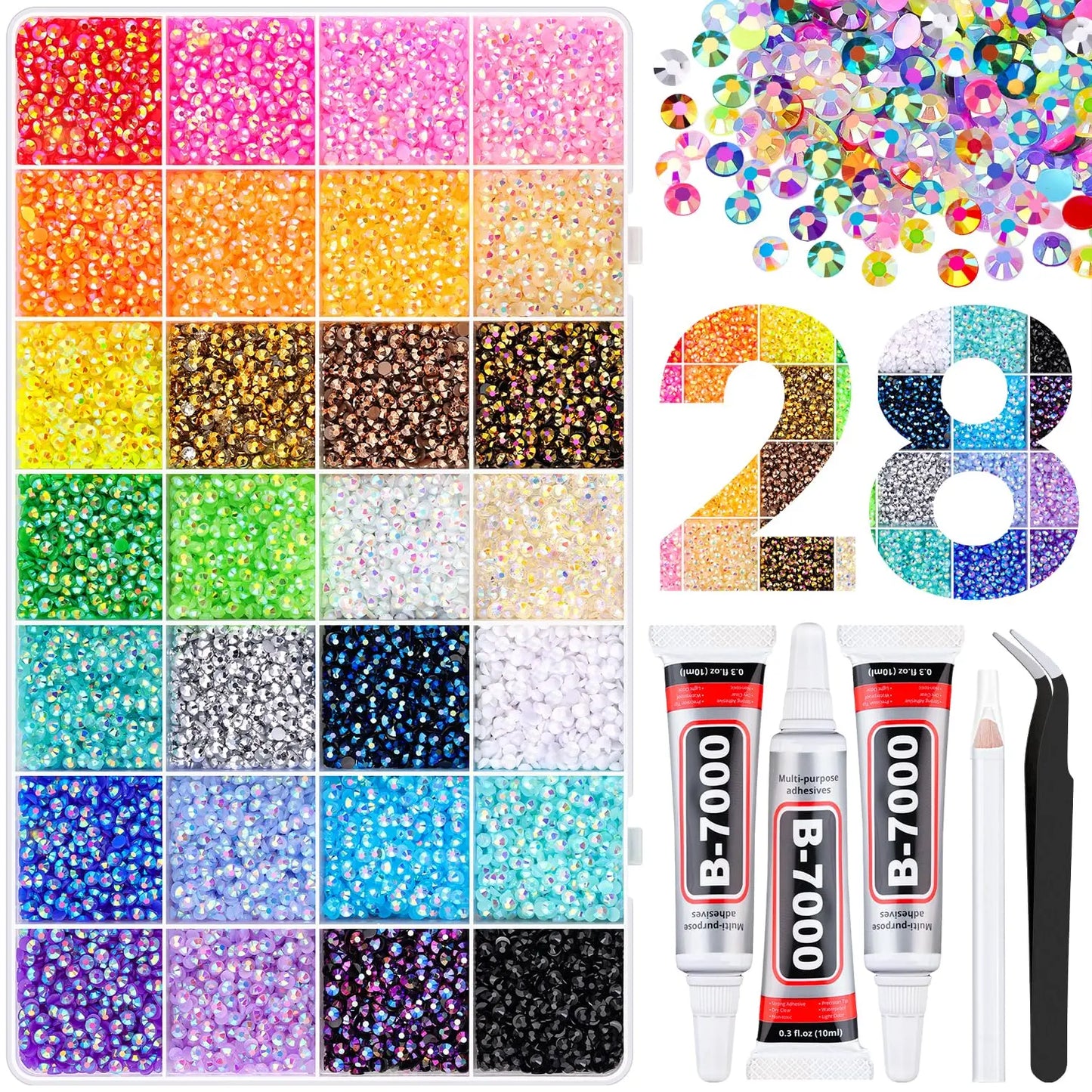 30000Pcs Resin Jelly Rhinestones for Crafting Multicolor 3mm Flatback Gems with B7000 Glue Tweezers Shimmer Bedazzler Kit