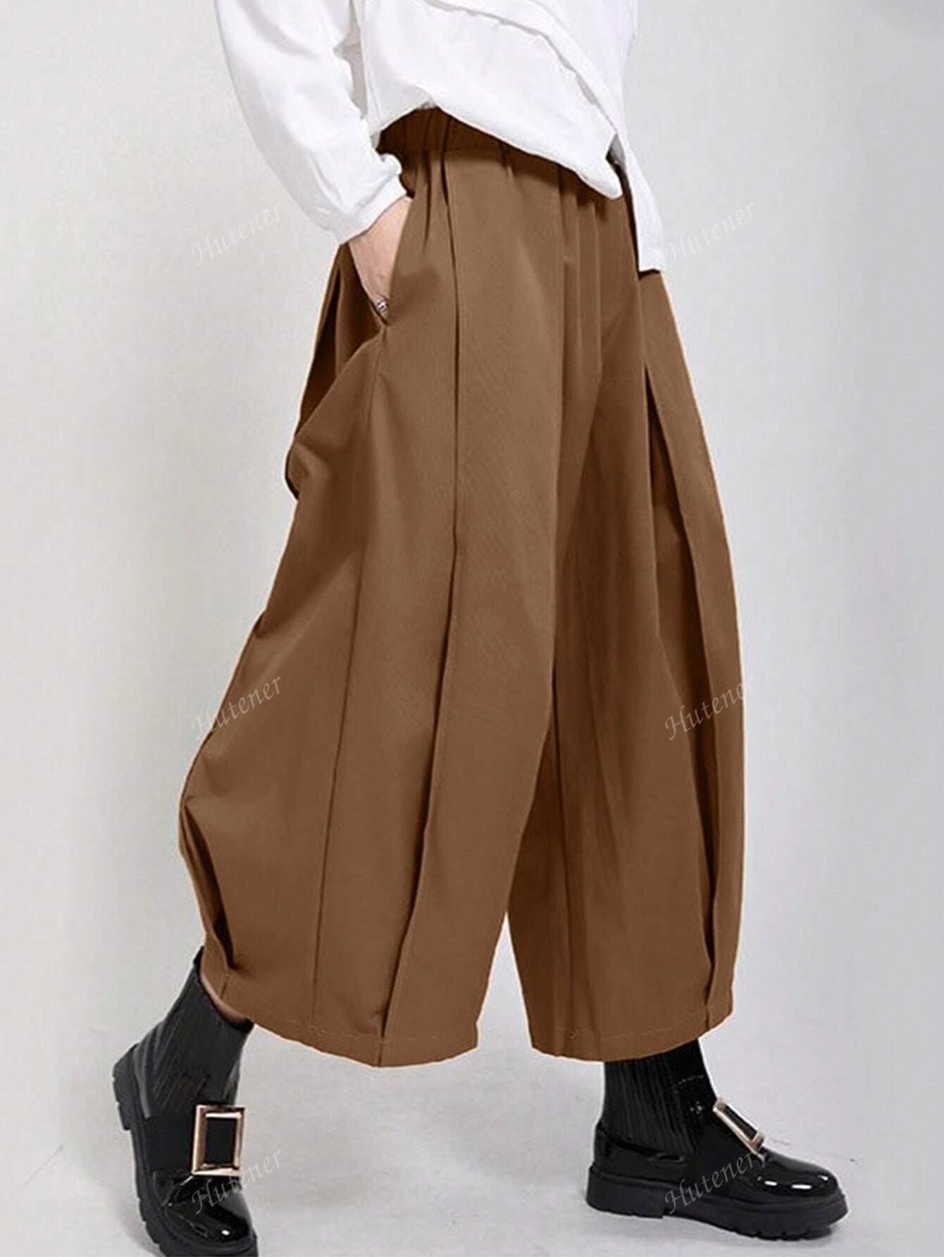 Casual Wine Red Wide Leg Pants With Elastic Waist And Pockets