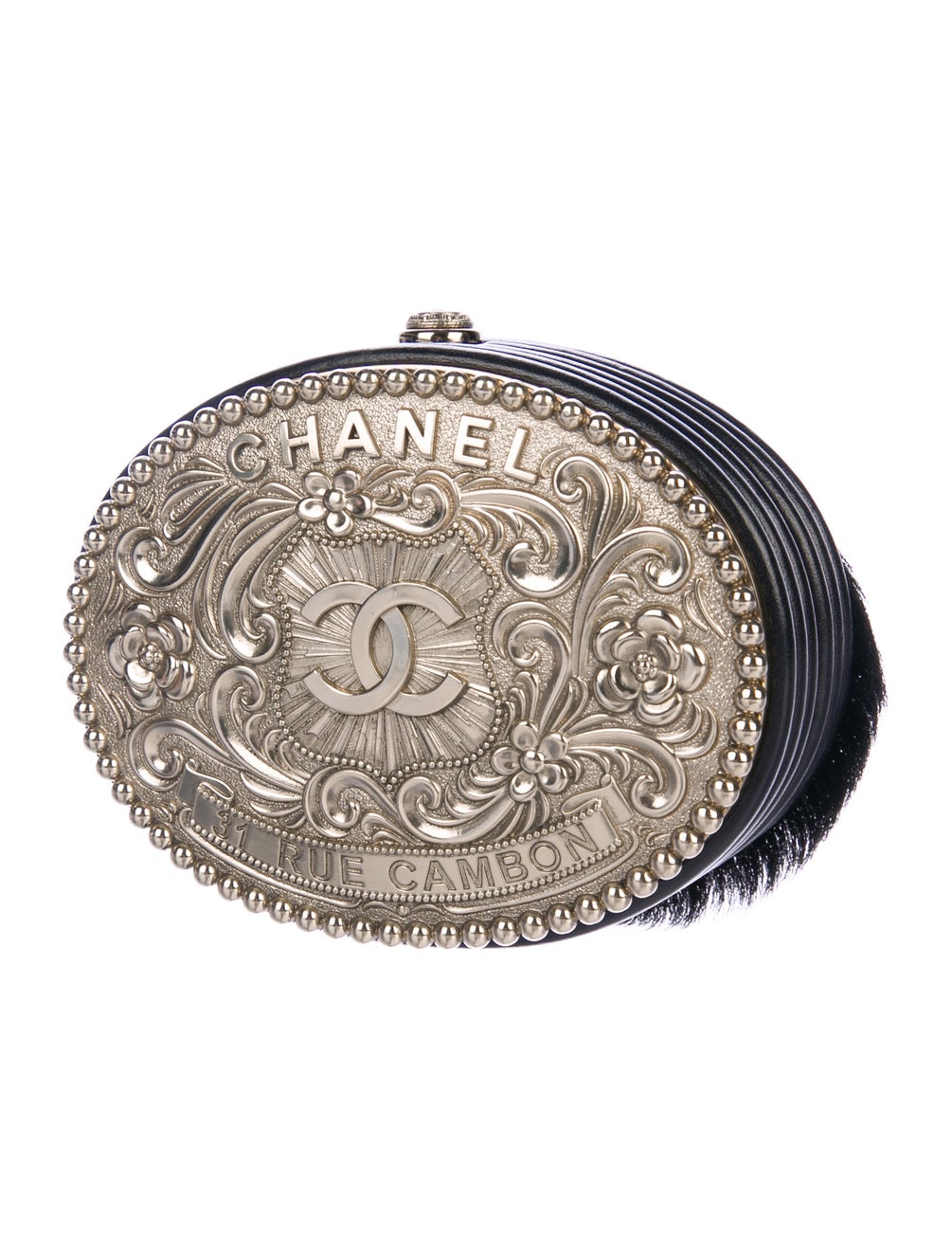 Dallas Black Leather & Pony-hair Belt Buckle Minaudière Palladium Hardware