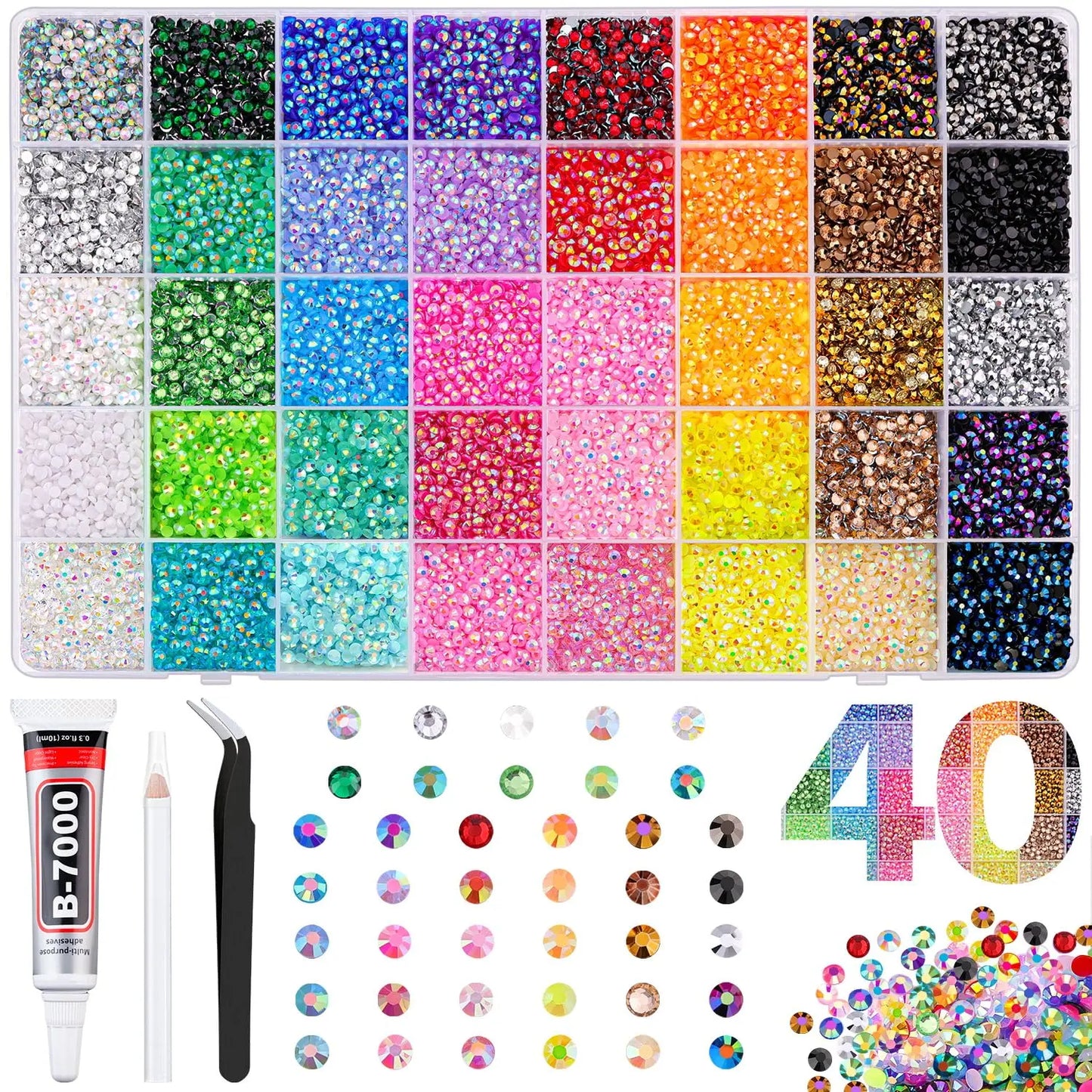 30000Pcs Resin Jelly Rhinestones for Crafting Multicolor 3mm Flatback Gems with B7000 Glue Tweezers Shimmer Bedazzler Kit