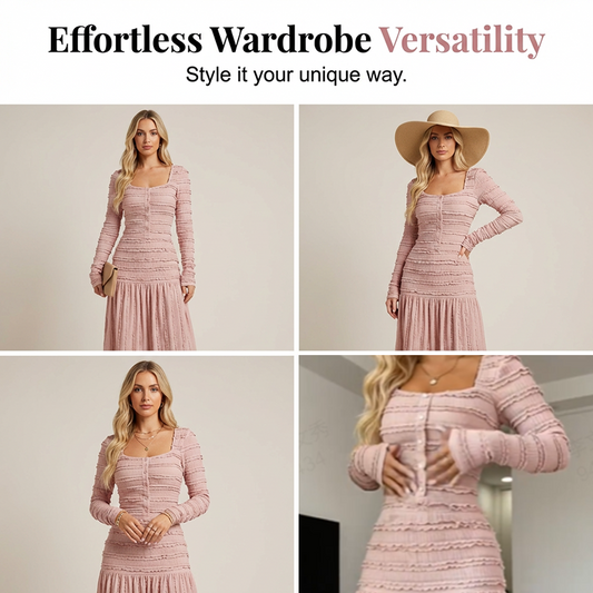 ✨ 50% OFF NOW! 👗 Square Neck Maxi Dress – Smocked Bodice, Ruffle Trim & Breathable Fabric 🌸