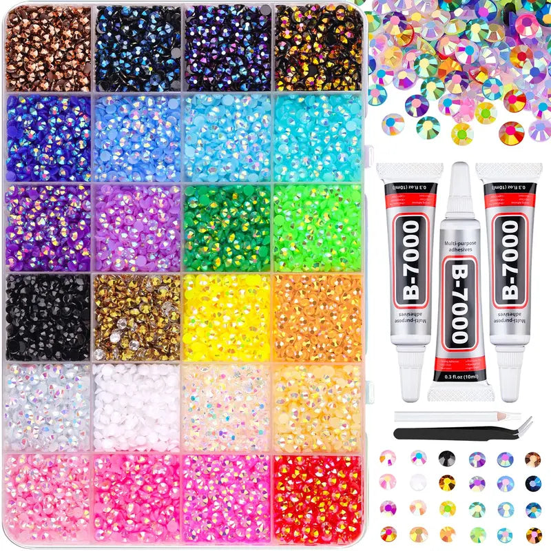 30000Pcs Resin Jelly Rhinestones for Crafting Multicolor 3mm Flatback Gems with B7000 Glue Tweezers Shimmer Bedazzler Kit