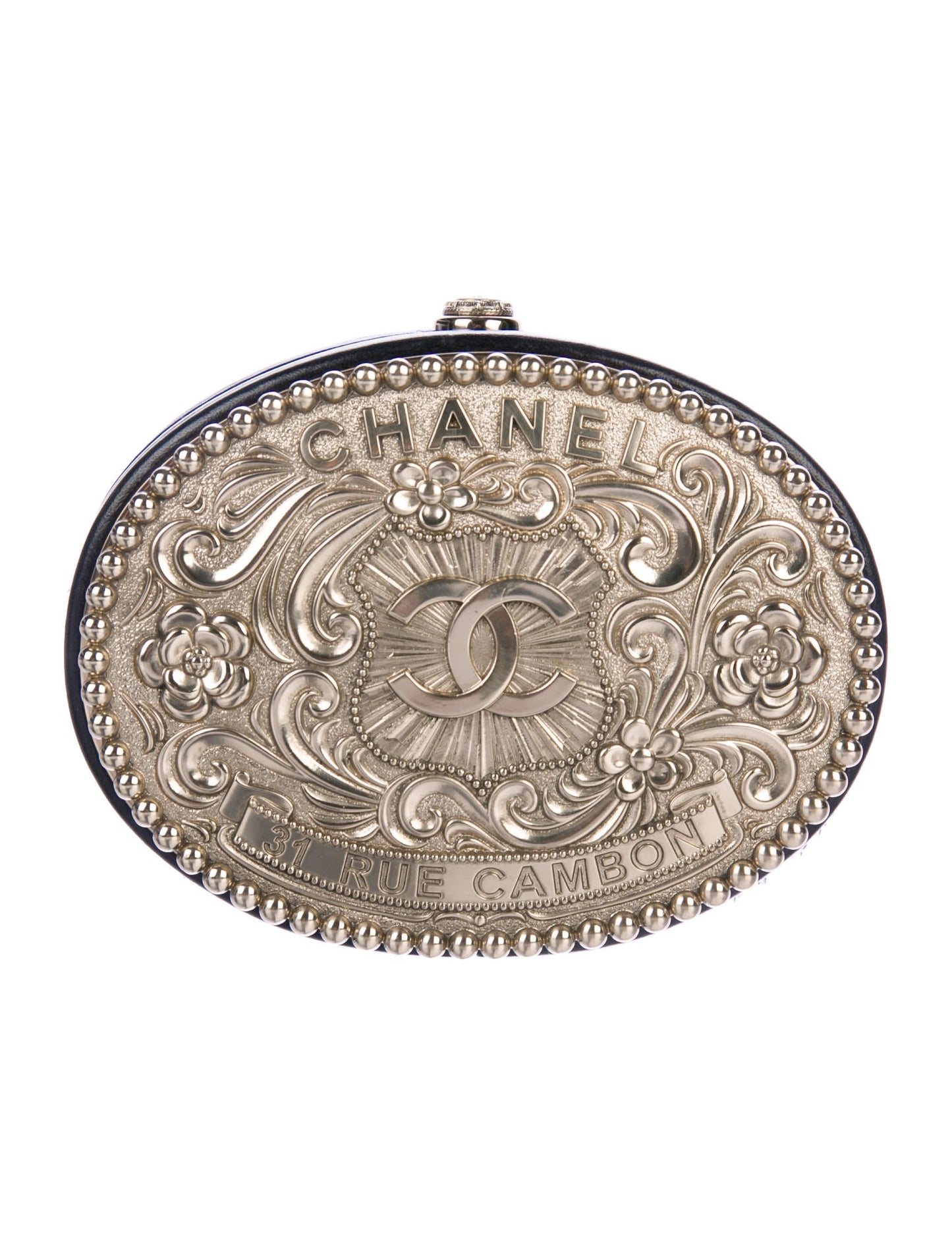 Dallas Black Leather & Pony-hair Belt Buckle Minaudière Palladium Hardware