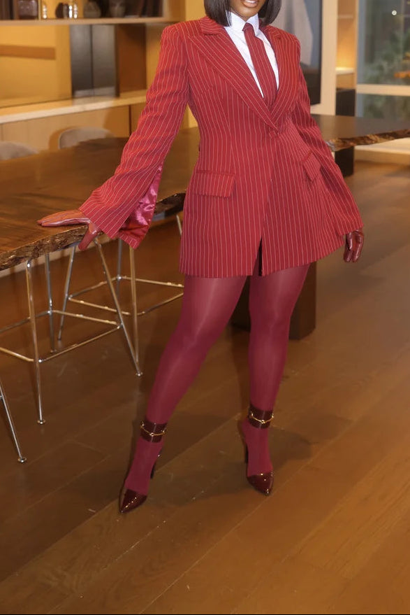 Velora Burgundy Pinstripe Blazer Dress