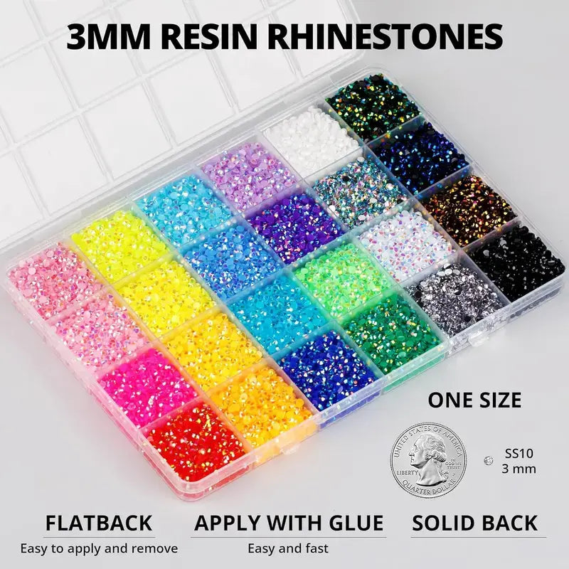 30000Pcs Resin Jelly Rhinestones for Crafting Multicolor 3mm Flatback Gems with B7000 Glue Tweezers Shimmer Bedazzler Kit