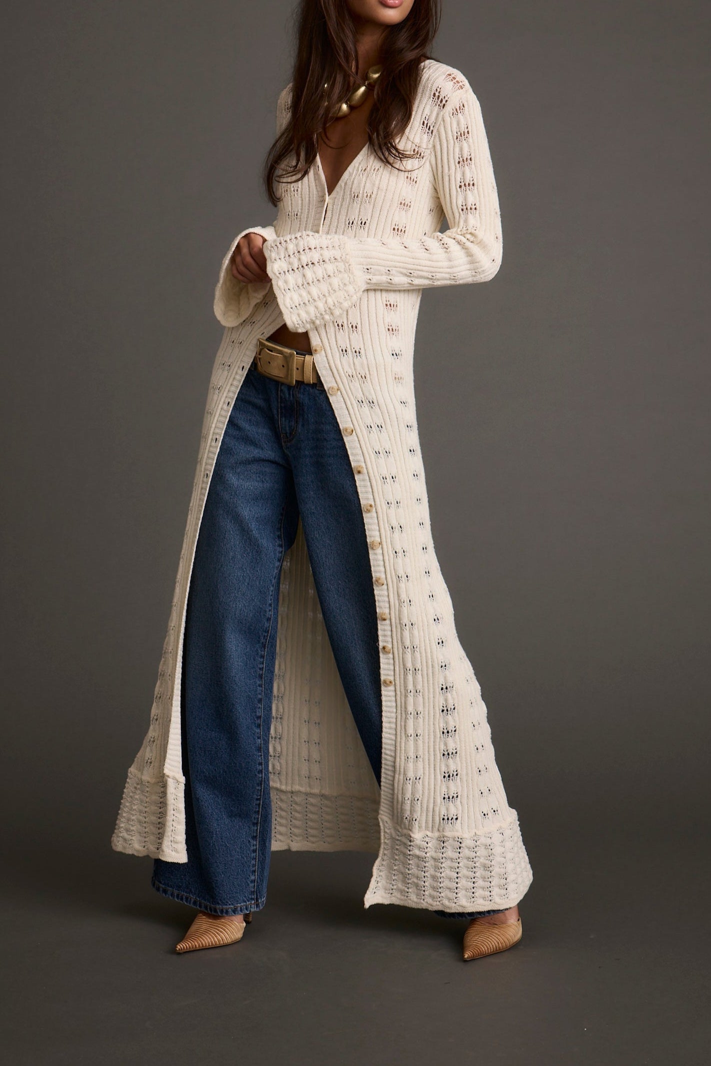 Nicoletta Cream Knit Longline Top