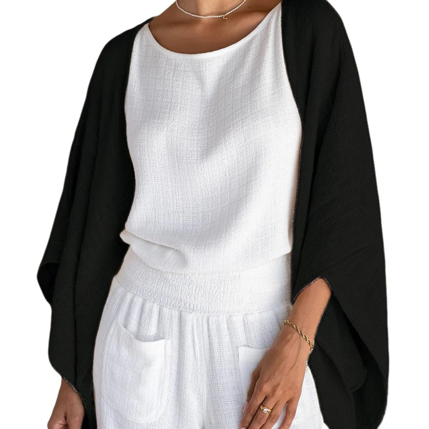 Women's Linen Cardigan 3/4 Sleeve Open Front Loose Cover Ups Lightweight Shrug