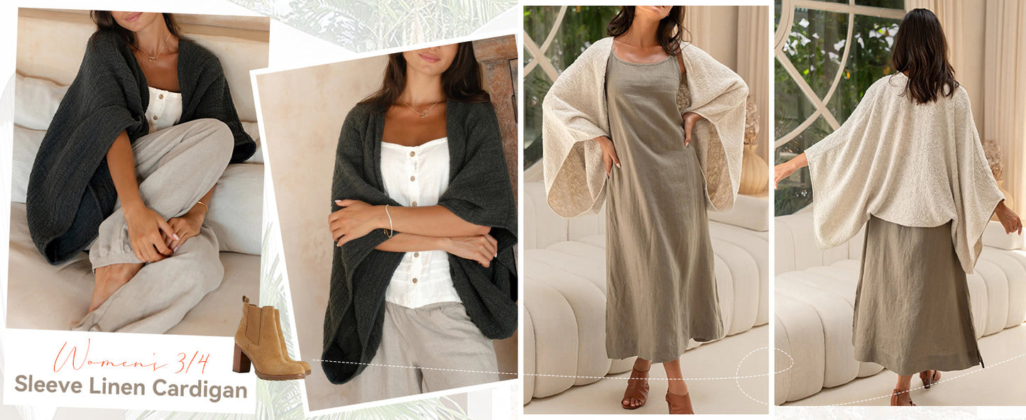 Women's Linen Cardigan 3/4 Sleeve Open Front Loose Cover Ups Lightweight Shrug