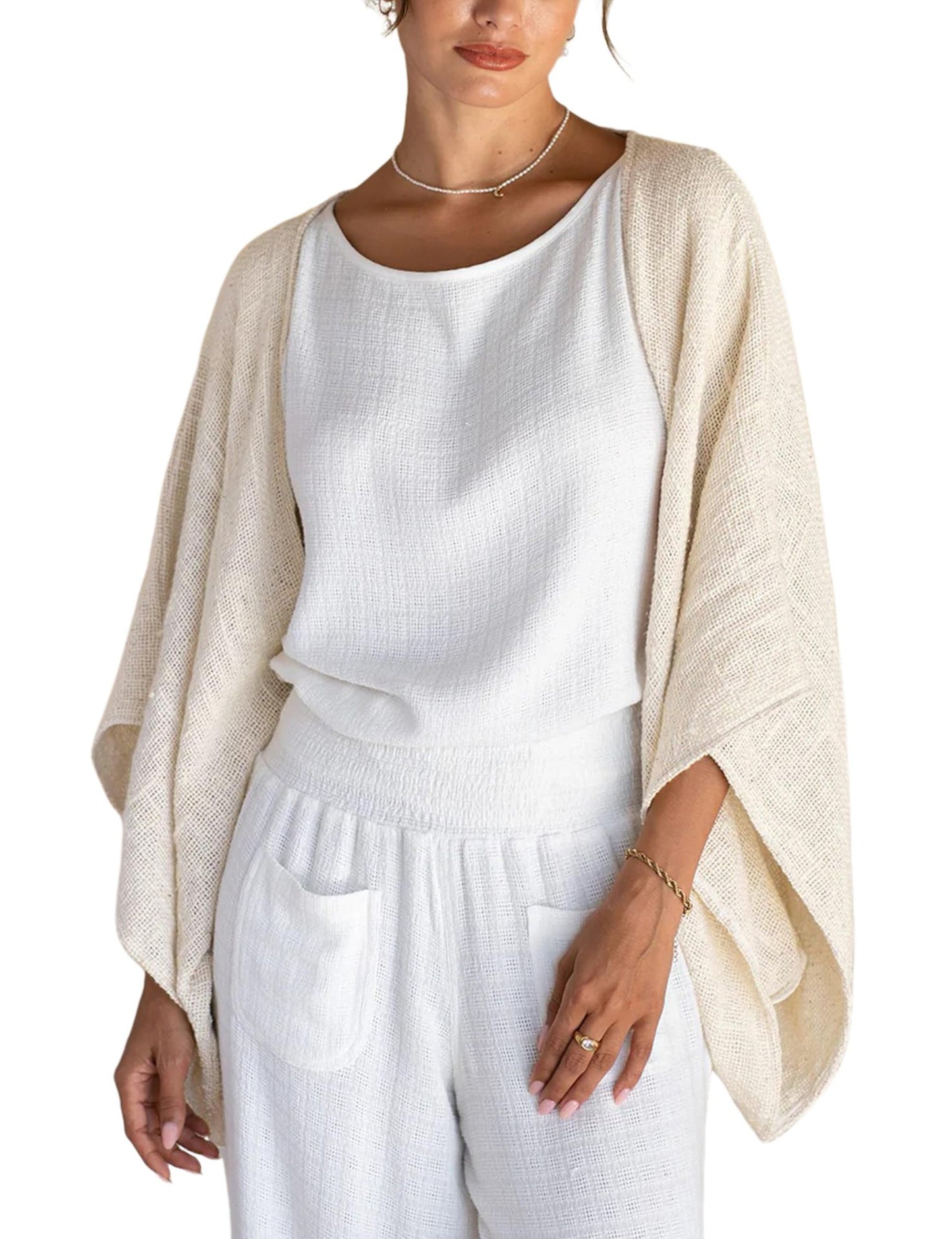 Women's Linen Cardigan 3/4 Sleeve Open Front Loose Cover Ups Lightweight Shrug