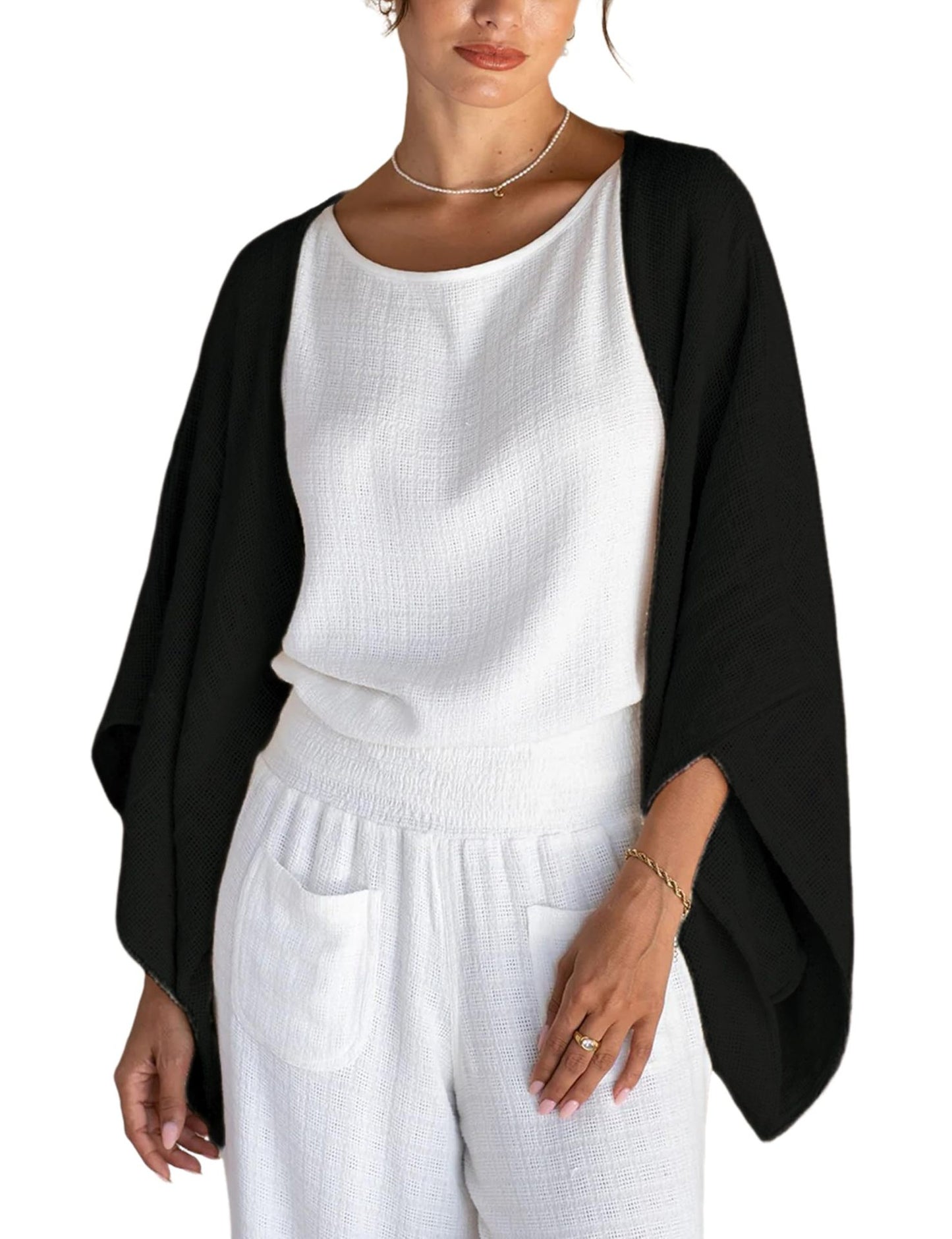 Women's Linen Cardigan 3/4 Sleeve Open Front Loose Cover Ups Lightweight Shrug