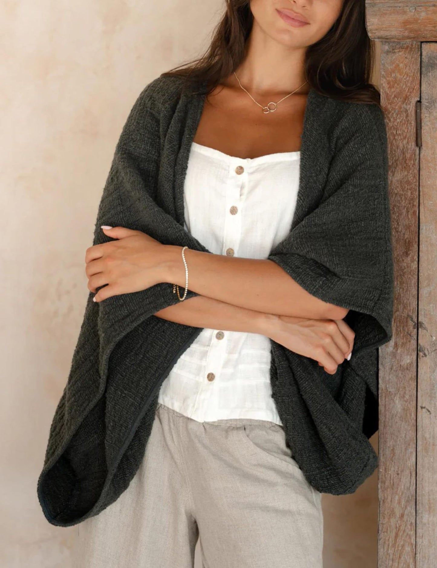 Women's Linen Cardigan 3/4 Sleeve Open Front Loose Cover Ups Lightweight Shrug