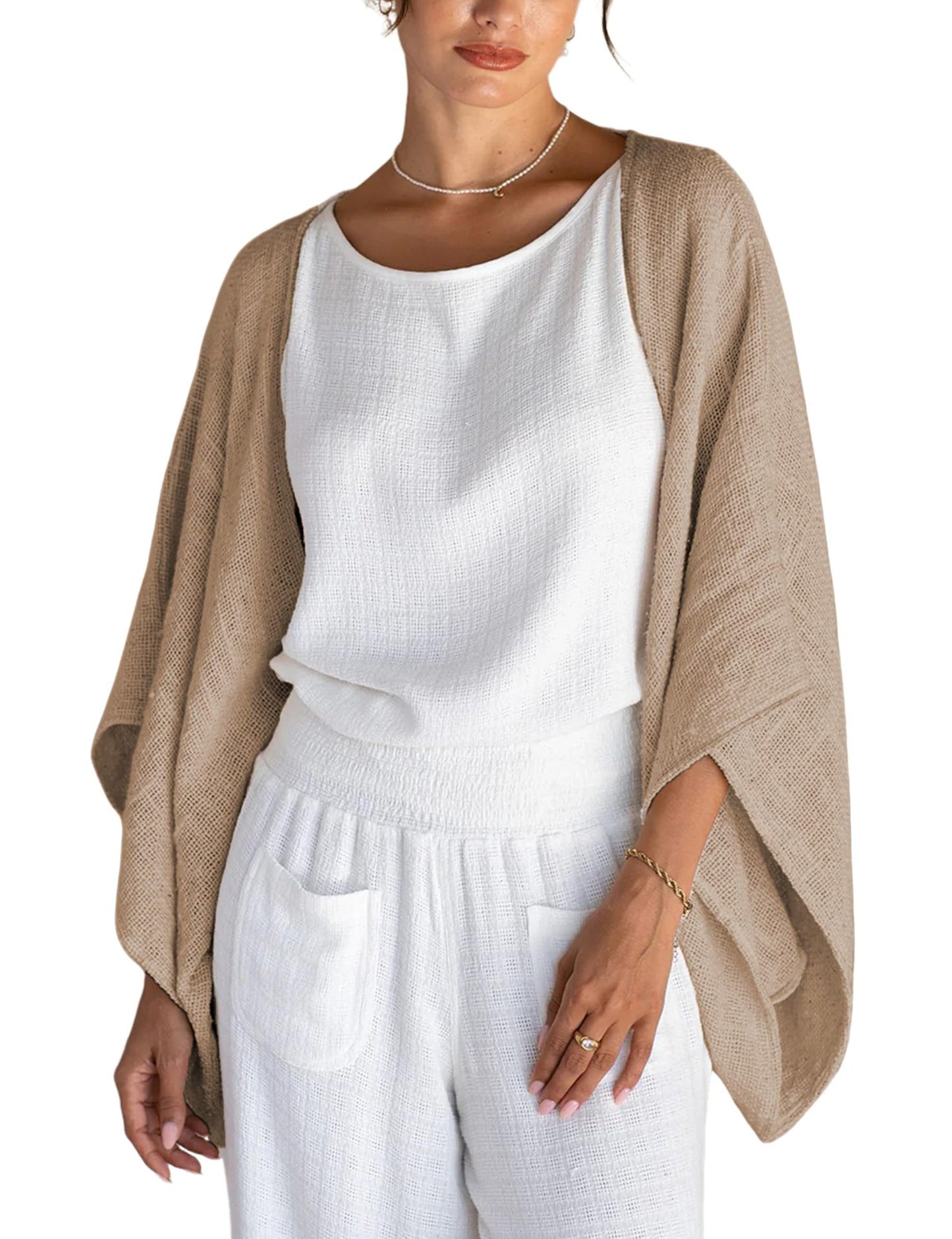 Women's Linen Cardigan 3/4 Sleeve Open Front Loose Cover Ups Lightweight Shrug