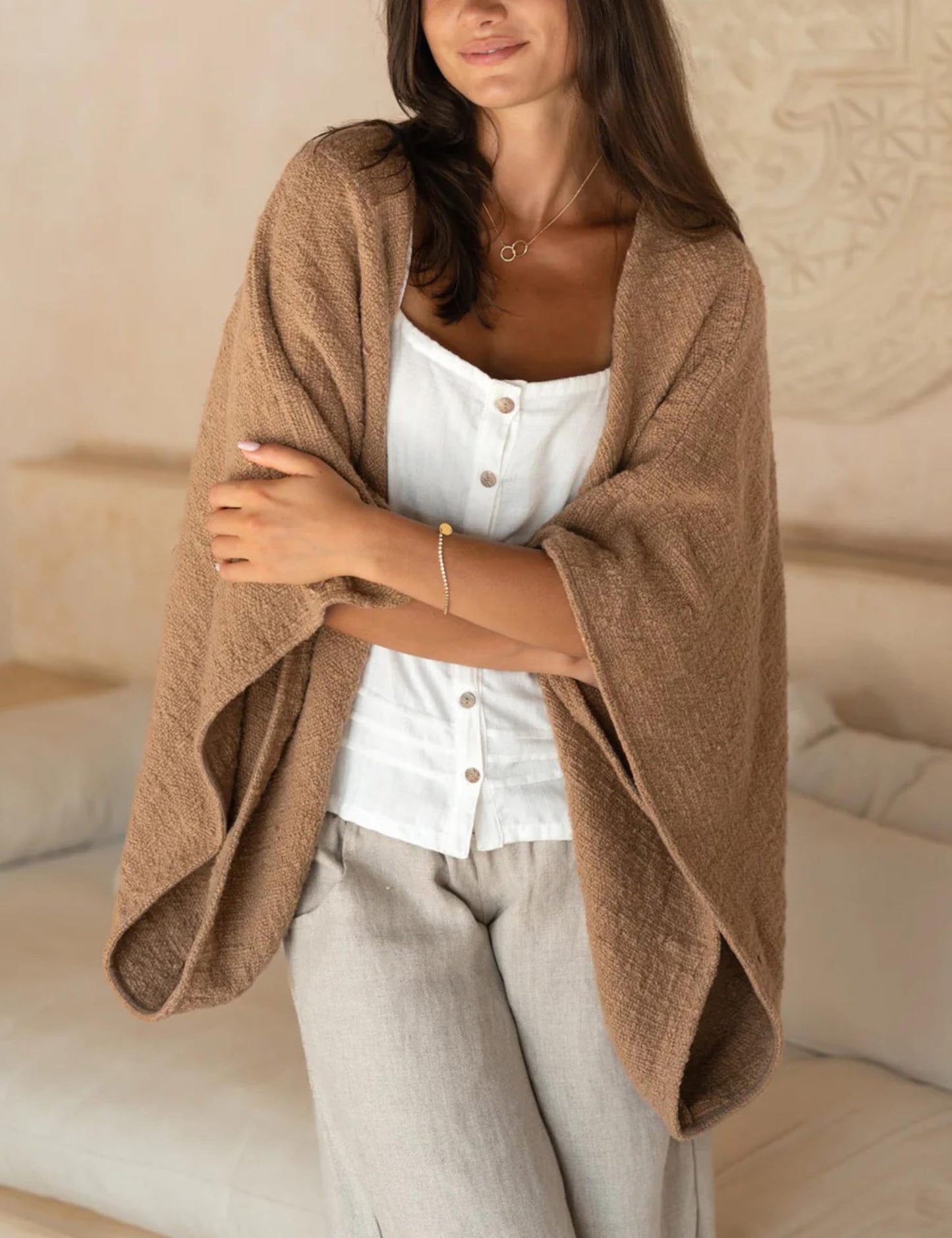 Women's Linen Cardigan 3/4 Sleeve Open Front Loose Cover Ups Lightweight Shrug