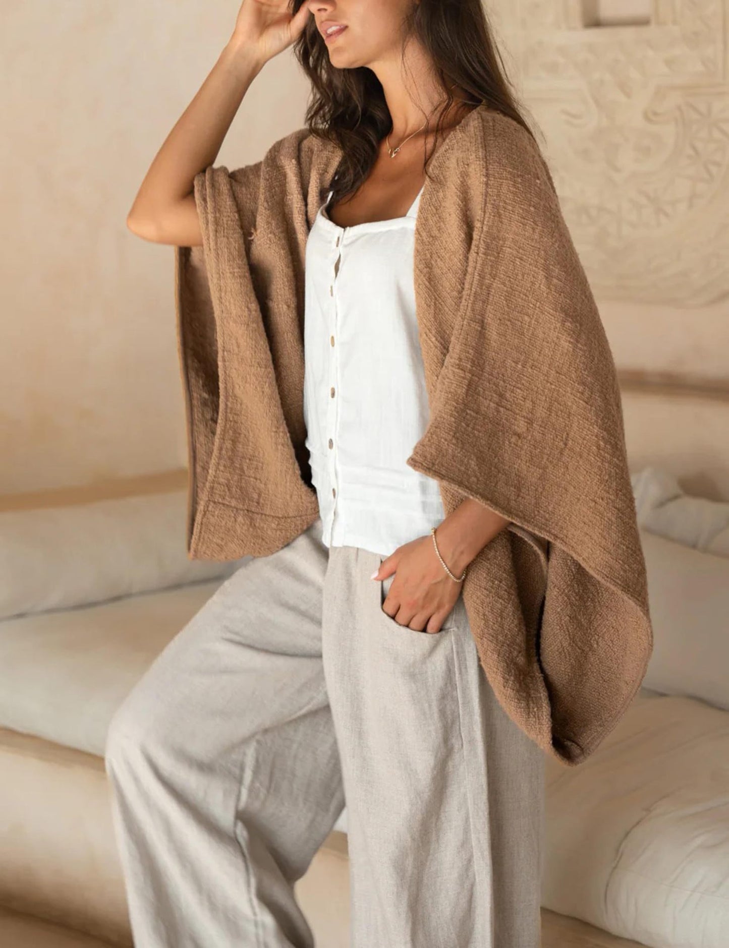 Women's Linen Cardigan 3/4 Sleeve Open Front Loose Cover Ups Lightweight Shrug