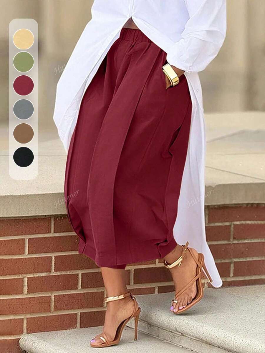 Casual Wine Red Wide Leg Pants With Elastic Waist And Pockets