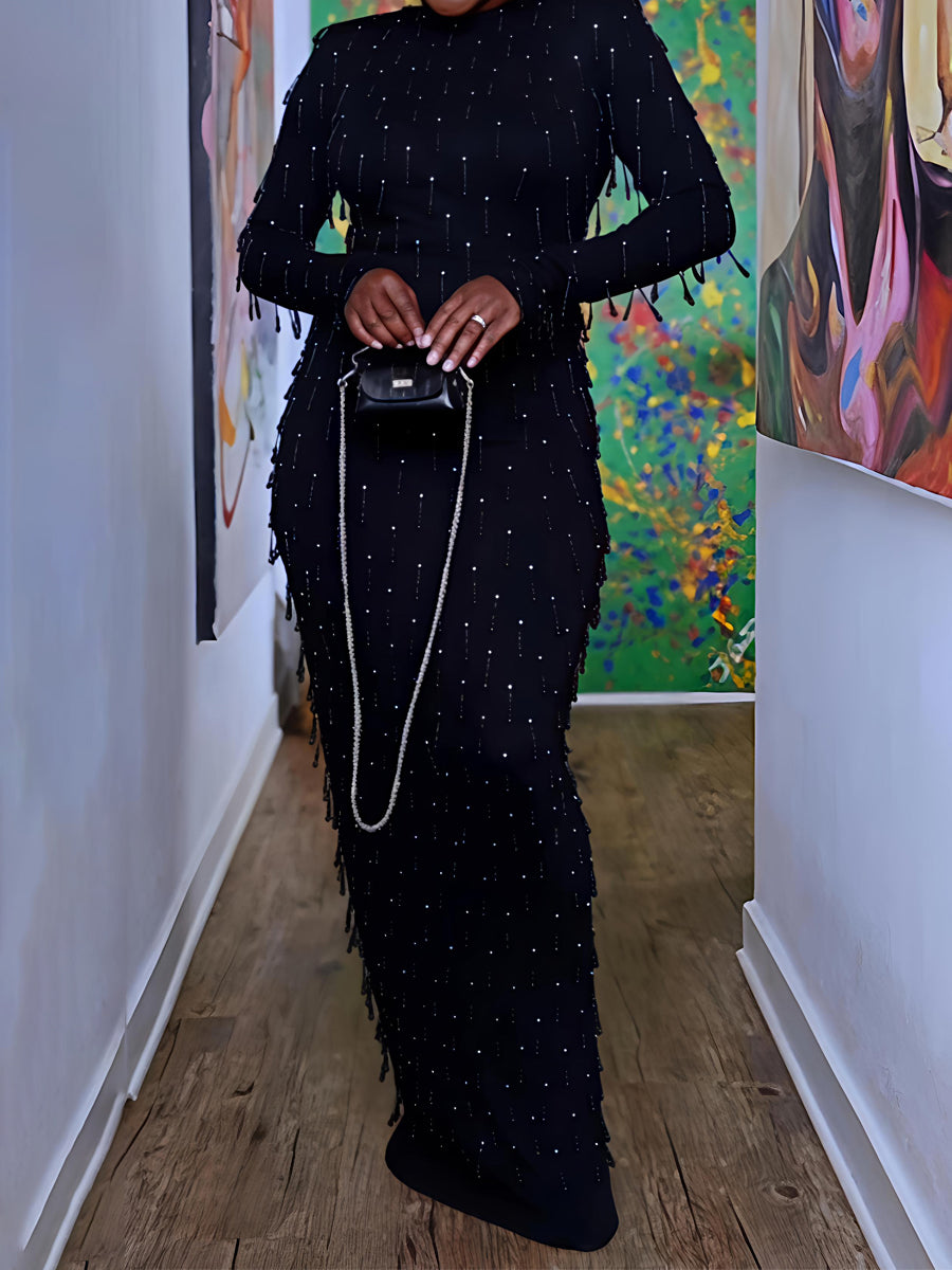 Beaded Fringed Long Sleeve Party Maxi Dress