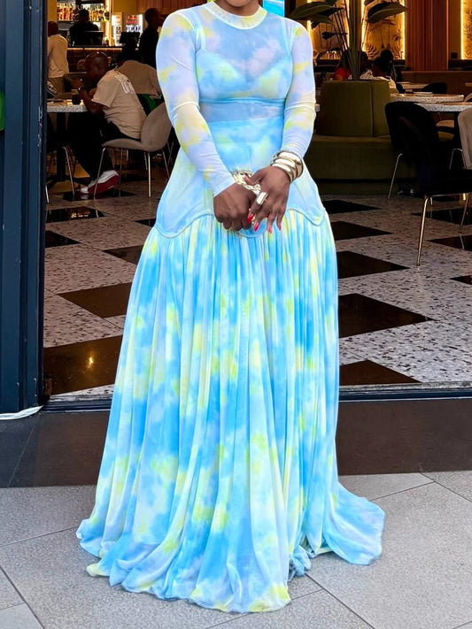 See-through Printed Patchwork Maxi Dress