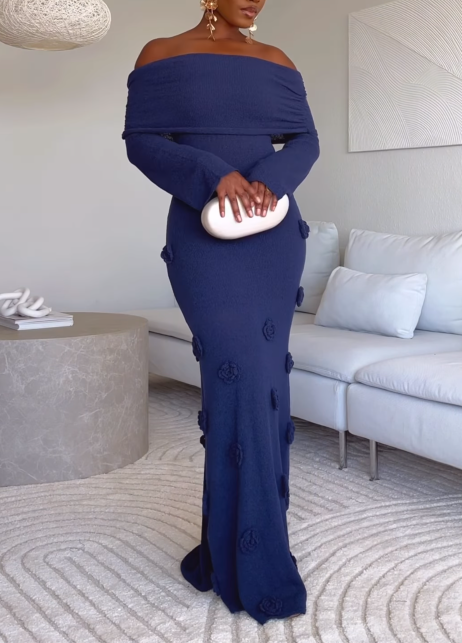 Off Shoulder Knit Rose Maxi Dress