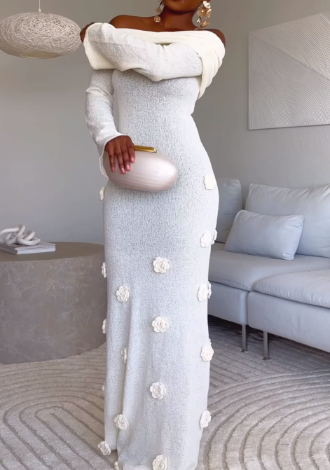 Off Shoulder Knit Rose Maxi Dress