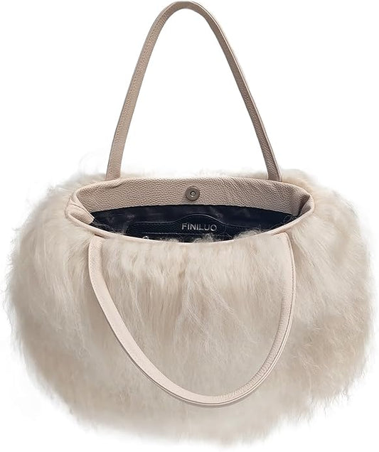 Women Luxury Real Lamb Mongolian Flush Wool Fur With Genuine Leather Handles Handbag
