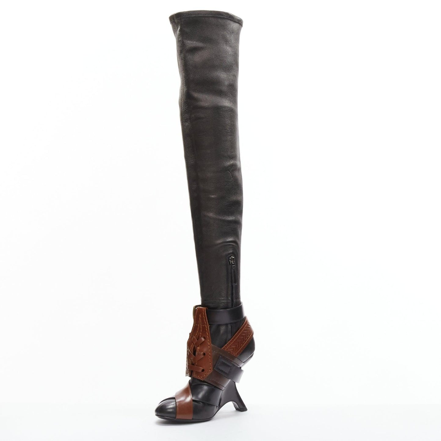 Runway brown belt buckle thigh high boots