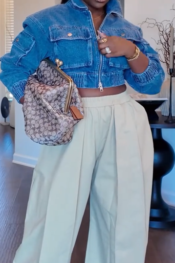 Cropped Denim Bomber Jacket