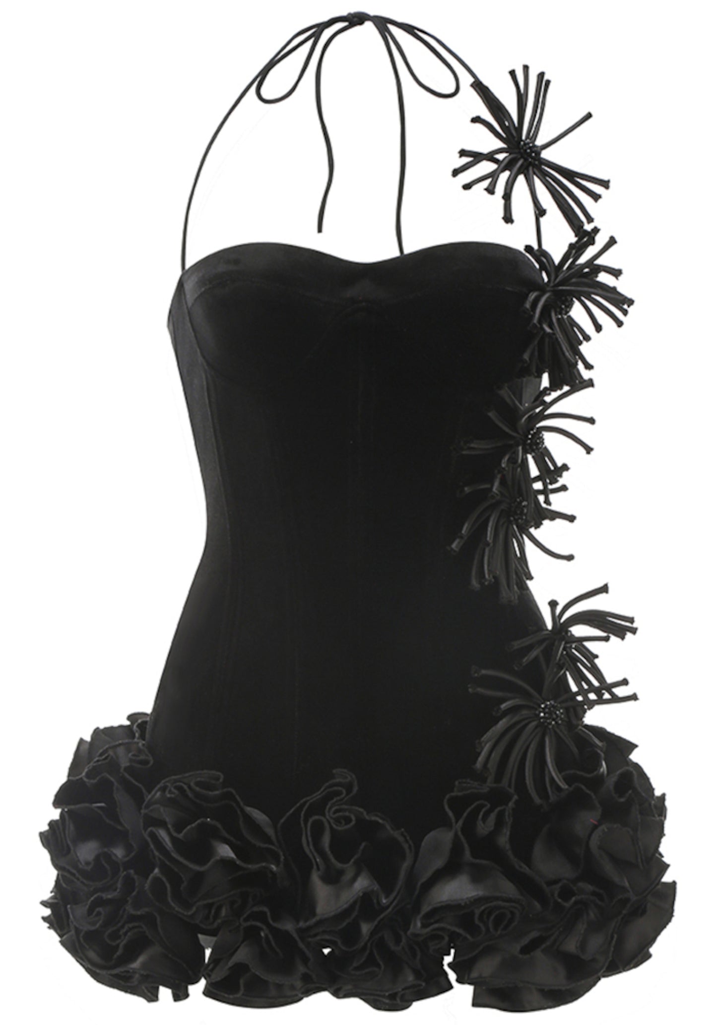 Two Piece Black Velvet Corset And Bubble Floral Skirt