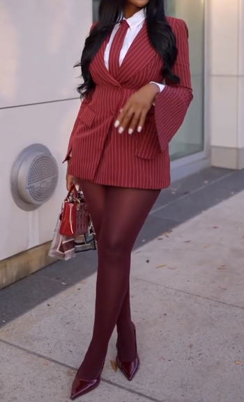 Velora Burgundy Pinstripe Blazer Dress