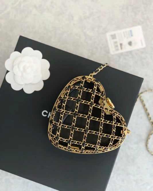 Black Quilted Lambski Caged Heart Minaudière