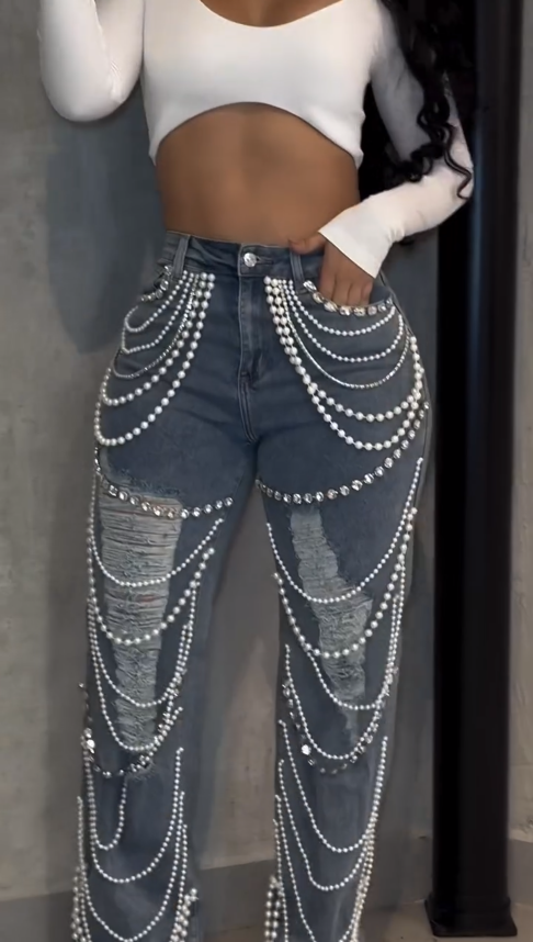 Pearl and rhinestone beaded jeans