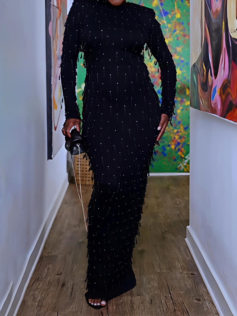 Beaded Fringed Long Sleeve Party Maxi Dress