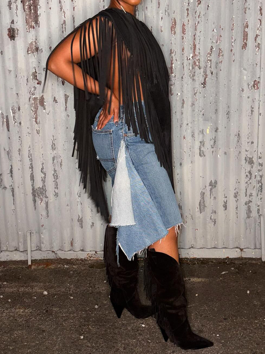 Suede V Neck Fringe Top