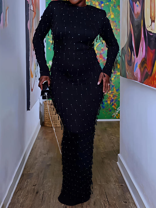 Beaded Fringed Long Sleeve Party Maxi Dress