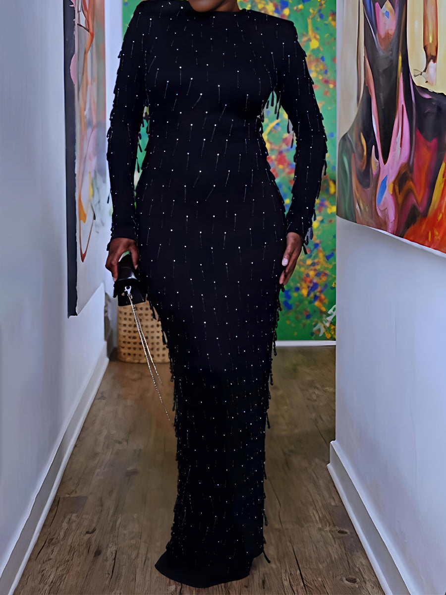 Beaded Fringed Long Sleeve Party Maxi Dress